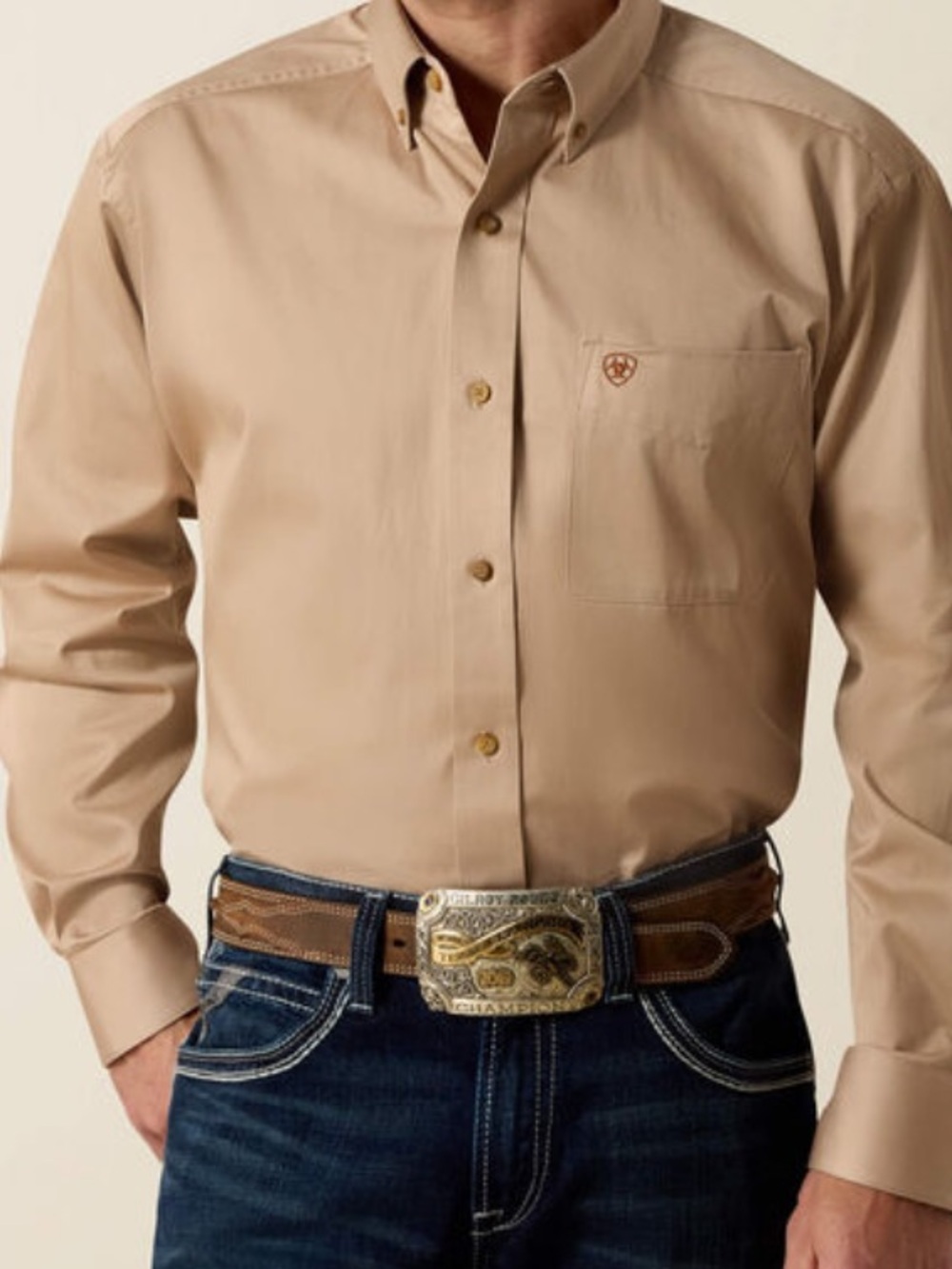 Ariat Mens Solid Twill Classic Fit Button Down Long Sleeve Shirt Khaki Tan Small